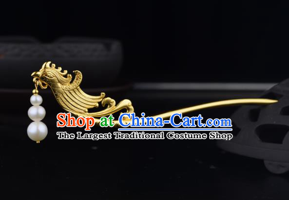 China Ancient Court Empress Golden Phoenix Hairpin Handmade Traditional Ming Dynasty Pearls Tassel Hair Stick