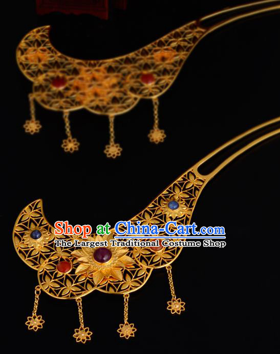 China Ancient Court Beauty Golden Hairpin Handmade Traditional Jin Dynasty Empress Hair Stick Headwear