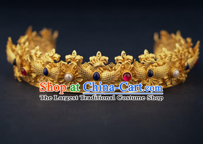 China Ancient Queen Golden Phoenix Coronet Handmade Traditional Ming Dynasty Empress Gems Hair Crown