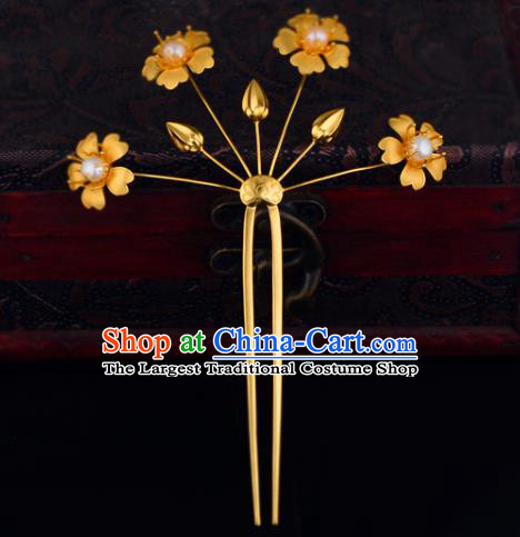 China Ancient Princess Golden Plum Hairpin Handmade Traditional Ming Dynasty Palace Lady Pearls Hair Stick