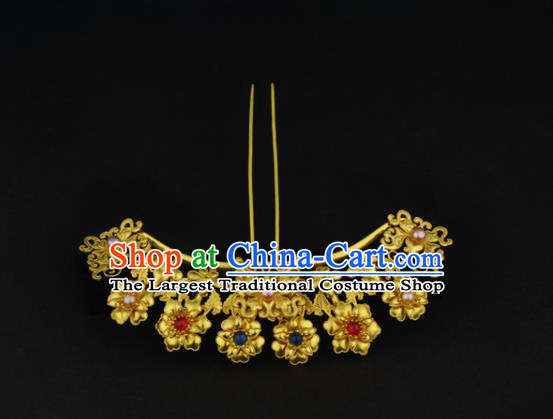 China Ancient Princess Golden Flowers Hairpin Handmade Traditional Ming Dynasty Pearls Gems Hair Stick