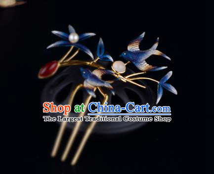 China Ancient Palace Lady Hairpin Handmade Traditional Ming Dynasty Princess Blue Swallow Hair Comb