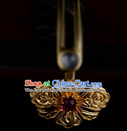 China Ancient Court Empress Ruby Hairpin Handmade Traditional Ming Dynasty Golden Peony Hair Stick