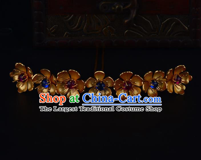 China Ancient Imperial Consort Gems Hairpin Handmade Traditional Jin Dynasty Golden Plum Hair Crown