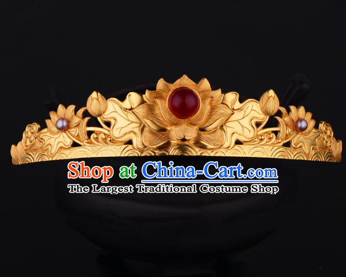 China Ancient Empress Ruby Hairpin Handmade Traditional Ming Dynasty Golden Lotus Hair Crown