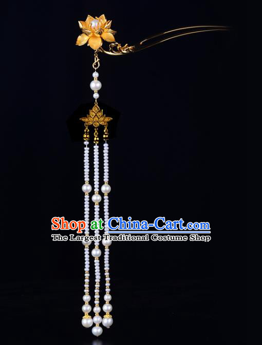 China Ancient Palace Lady Pearls Tassel Hairpin Handmade Traditional Ming Dynasty Princess Golden Lotus Hair Clip