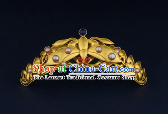 China Ancient Queen Pearls Hairpin Handmade Traditional Ming Dynasty Golden Butterfly Hair Crown