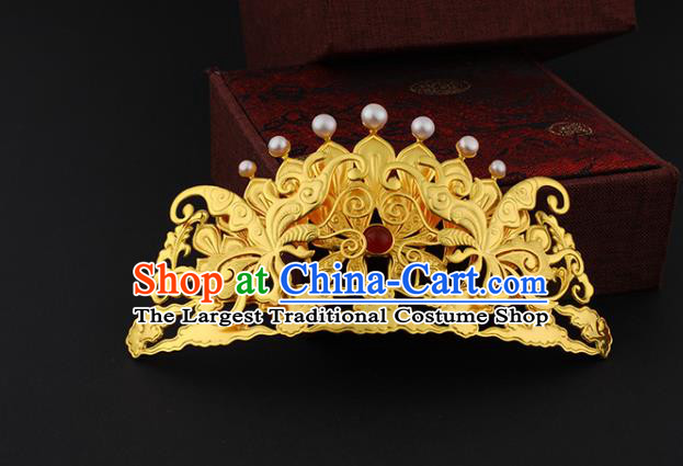 China Ancient Court Empress Agate Pearls Hairpin Handmade Traditional Ming Dynasty Golden Hair Crown