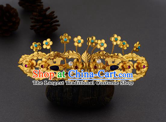 China Ancient Court Woman Hairpin Handmade Traditional Ming Dynasty Golden Plum Hair Crown