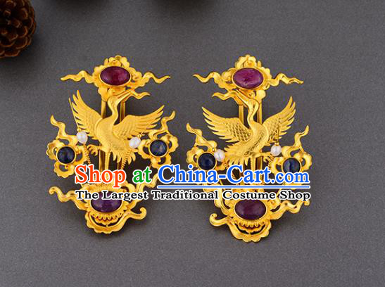 China Ancient Court Lady Golden Crane Hairpin Handmade Traditional Ming Dynasty Empress Ruby Hair Stick