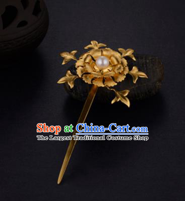 China Ancient Empress Pearl Hairpin Handmade Traditional Ming Dynasty Court Golden Peony Hair Stick