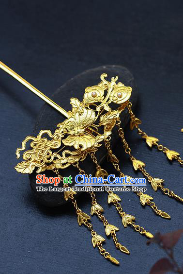 China Ancient Court Lady Hairpin Handmade Traditional Ming Dynasty Empress Golden Butterfly Tassel Hair Stick