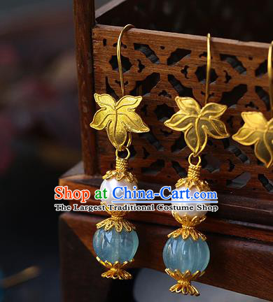 Chinese Traditional Qing Dynasty Court Earrings Ancient Imperial Consort Aquamarine Ear Accessories