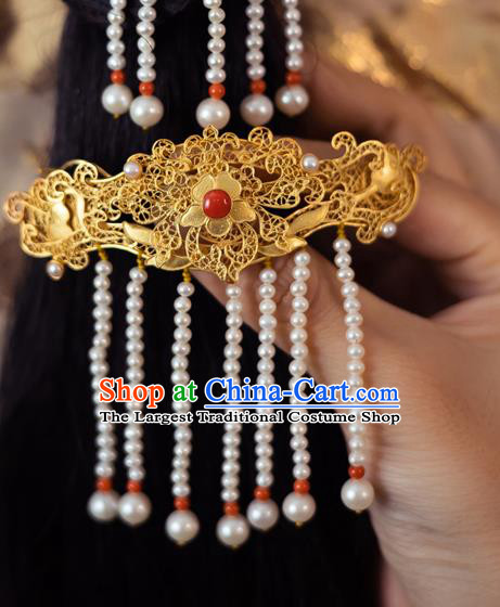 China Ancient Princess Pearls Tassel Hairpin Handmade Traditional Ming Dynasty Filigree Hair Stick