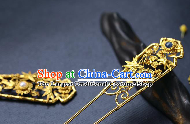 China Handmade Ancient Palace Lady Hairpin Traditional Qing Dynasty Golden Bamboo Hair Stick