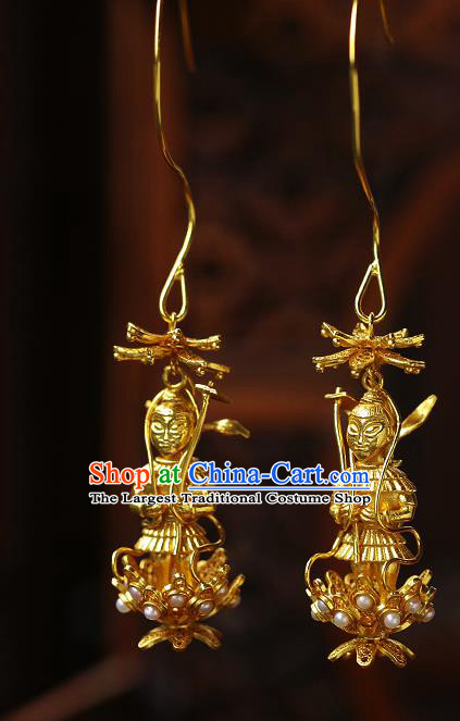 Chinese Traditional Sui Dynasty Princess Earrings Ancient Palace Lady Golden God Ear Accessories