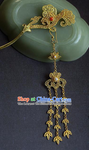 China Ancient Court Woman Golden Tassel Hairpin Handmade Traditional Tang Dynasty Filigree Hair Stick