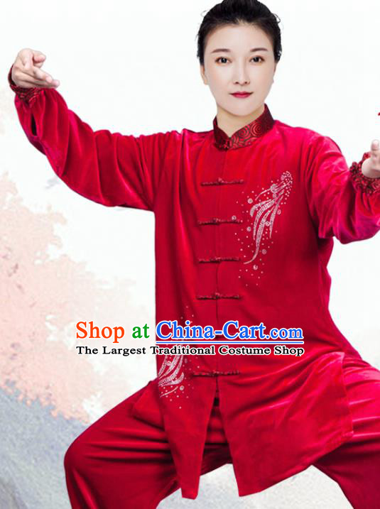 China Tai Chi Costumes Traditional Kung Fu Red Velvet Uniforms Tai Ji Training Clothing