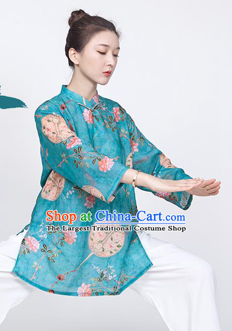 China Traditional Tai Chi Training Costume Printing Flowers Blue Flax Blouse Martial Arts Clothing