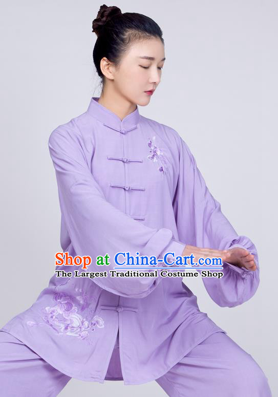 China Traditional Tai Chi Training Costume Kung Fu Lilac Flax Uniforms Martial Arts Embroidered Clothing