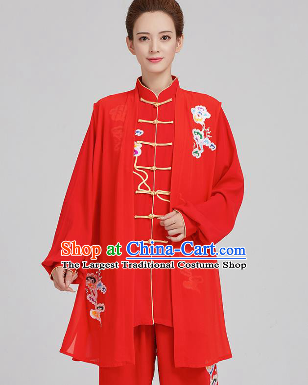 China Traditional Kung Fu Competition Costumes Tai Chi Training Embroidered Clouds Red Uniforms