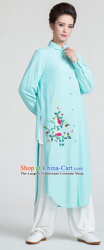 China Traditional Tai Chi Training Clothing Kung Fu Embroidered Light Green Flax Dust Coat