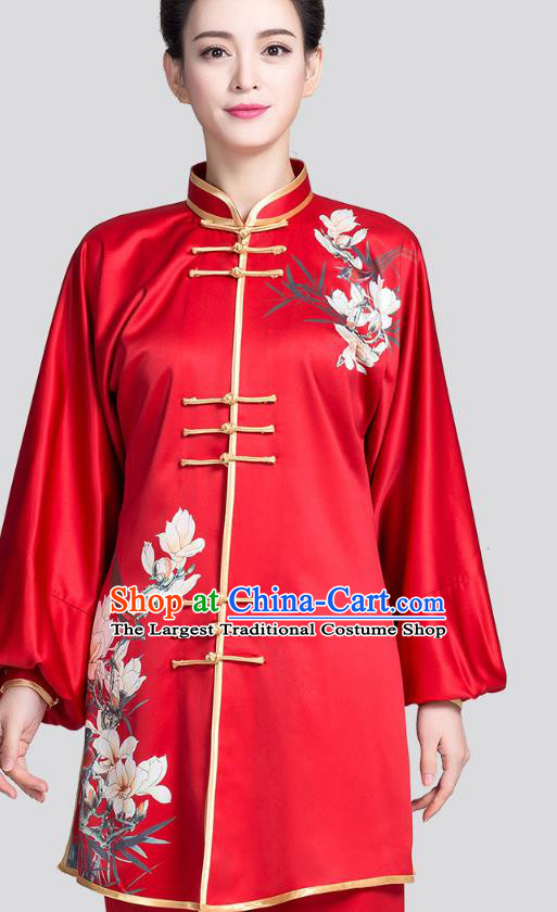 China Kung Fu Tai Chi Clothing Traditional Martial Arts Printing Mangnolia Red Satin Uniforms