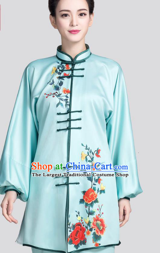 China Martial Arts Clothing Traditional Tai Chi Printing Peony Light Blue Satin Uniforms