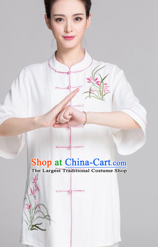 China Tai Chi Stage Performance Competition Clothing Traditional Embroidered Orchids White Flax Uniforms