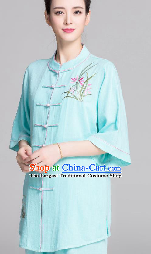 China Kung Fu Competition Clothing Traditional Embroidered Orchids Light Green Flax Uniforms