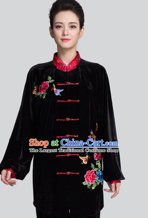 China Tai Chi Competition Clothing Traditional Embroidered Peony Butterfly Black Pleuche Uniforms