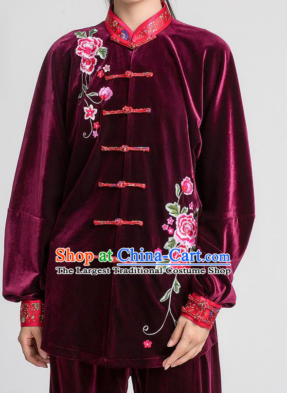 China Winter Tai Chi Training Clothing Traditional Embroidered Peony Wine Red Pleuche Uniforms