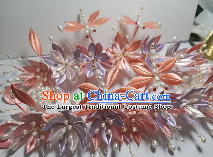 Chinese Handmade Silk Lotus Hairpin Traditional Hair Jewelry Ancient Song Dynasty Princess Pearls Dragonfly Hair Crown