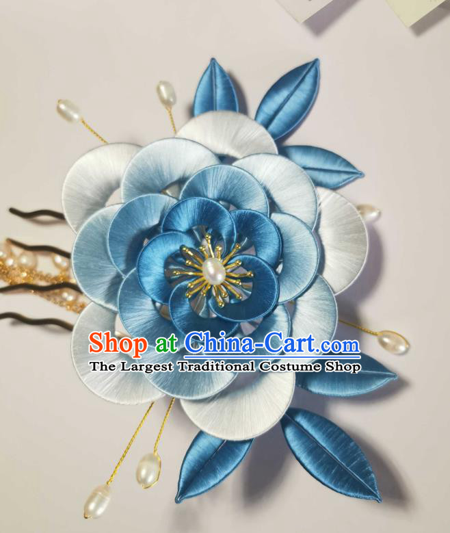 Chinese Handmade Blue Silk Camellia Hairpin Ancient Song Dynasty Princess Hair Comb Traditional Hair Jewelry