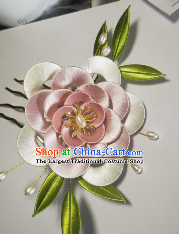 Chinese Traditional Pearls Hair Jewelry Handmade Pink Silk Camellia Hairpin Ancient Princess Hair Comb