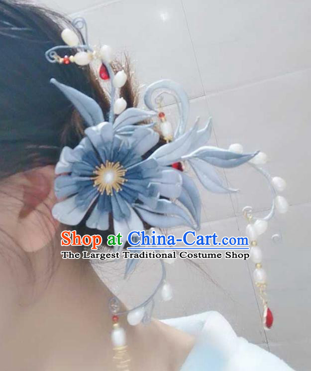 Chinese Handmade Blue Silk Chrysanthemum Hairpin Ancient Princess Pearls Tassel Hair Stick Traditional Hair Jewelry