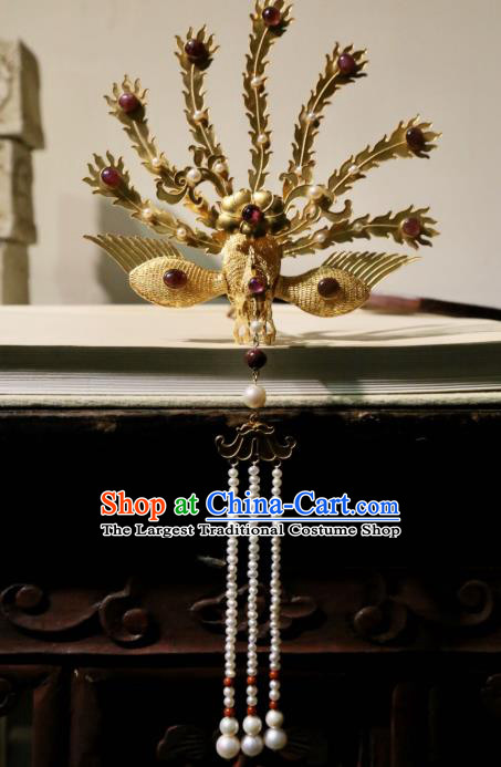 Chinese Handmade Pearls Long Tassel Hairpin Traditional Hair Jewelry Ancient Ming Dynasty Empress Golden Phoenix Hair Crown