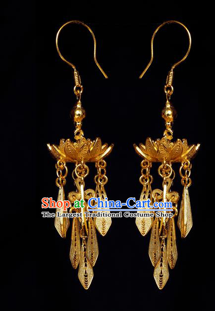 Chinese Ancient Empress Ear Jewelry Traditional Ming Dynasty Golden Lotus Earrings Accessories