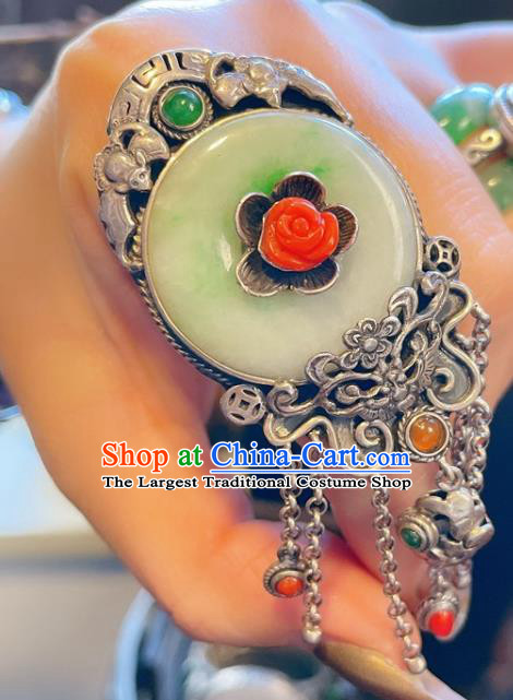 Top Chinese National Jade Ring Jewelry Traditional Handmade Accessories Wedding Silver Carving Bat Circlet