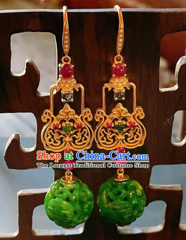 Chinese National Jadeite Carving Earrings Traditional Jewelry Handmade Tourmaline Ear Accessories