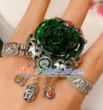 Top Chinese National Silver Carving Ring Jewelry Traditional Handmade Accessories Jadeite Rose Circlet