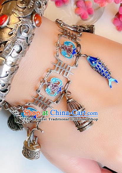 Handmade Chinese Cloisonne Fish Bat Bracelet Accessories Traditional Culture Jewelry Silver Bangle