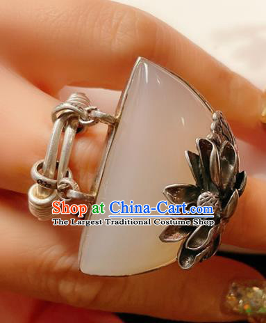 Top Chinese National Silver Lotus Ring Jewelry Traditional Handmade Accessories Hetian Jade Circlet