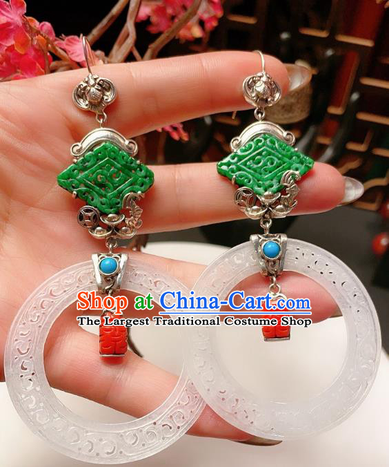 Chinese National Hetian Jade Earrings Traditional Jewelry Handmade Wedding Silver Bat Ear Accessories