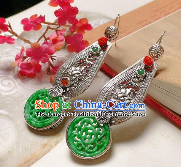 Chinese National Silver Earrings Traditional Jewelry Handmade Wedding Jadeite Ear Accessories