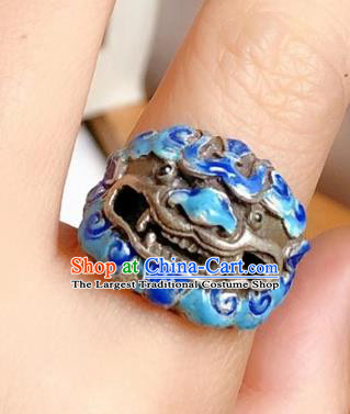 Chinese National Blueing Silver Ring Jewelry Traditional Handmade Accessories Retro Carving Lion Circlet