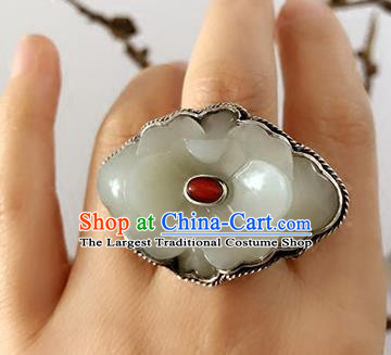 Chinese National Hetian Jade Peony Ring Jewelry Traditional Handmade Silver Circlet Accessories