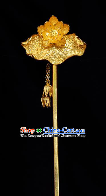 China Handmade Golden Lotus Tassel Hairpin Traditional Cheongsam Hair Accessories