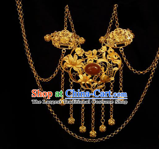 China Traditional Hanfu Agate Necklace Accessories Ancient Princess Golden Lotus Lock Necklet Pendant