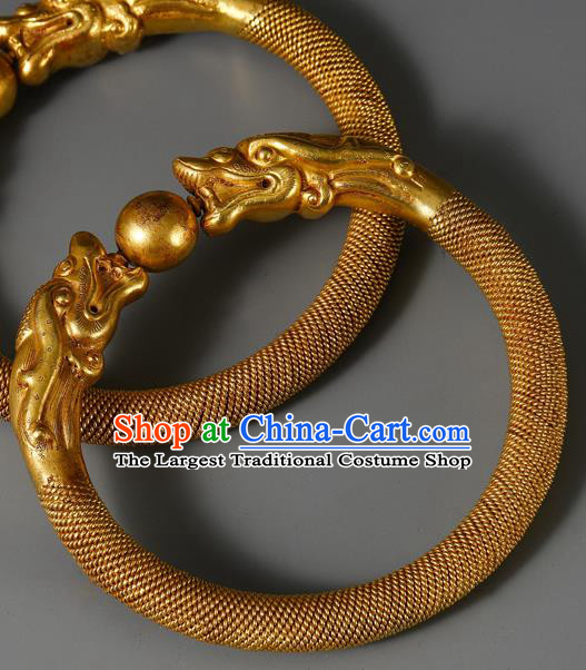 Handmade Chinese Traditional Wedding Filigree Bangle Jewelry Golden Dragon Bracelet Accessories